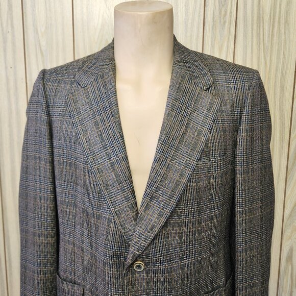 fine 1970s sport coat 42L men's grey plaid wool two button - Picture 1 of 12